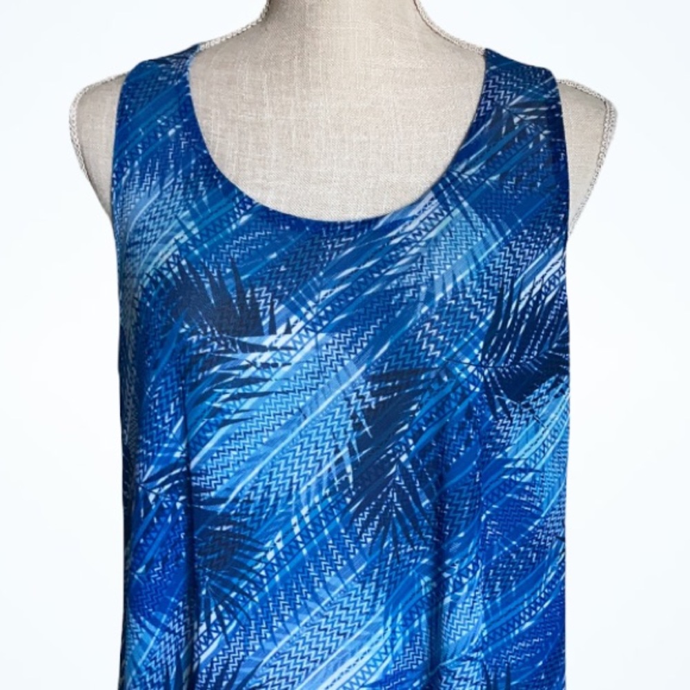 Swimsuits for All Mesh High Low Coverup Tunic Lightweight Blue Palm Sleeveless